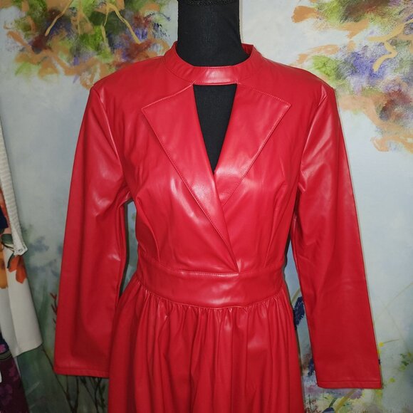 StyleWe Red Faux Leather Long Sleeve Midi Dress With Keyhole Neckline - Picture 2 of 10